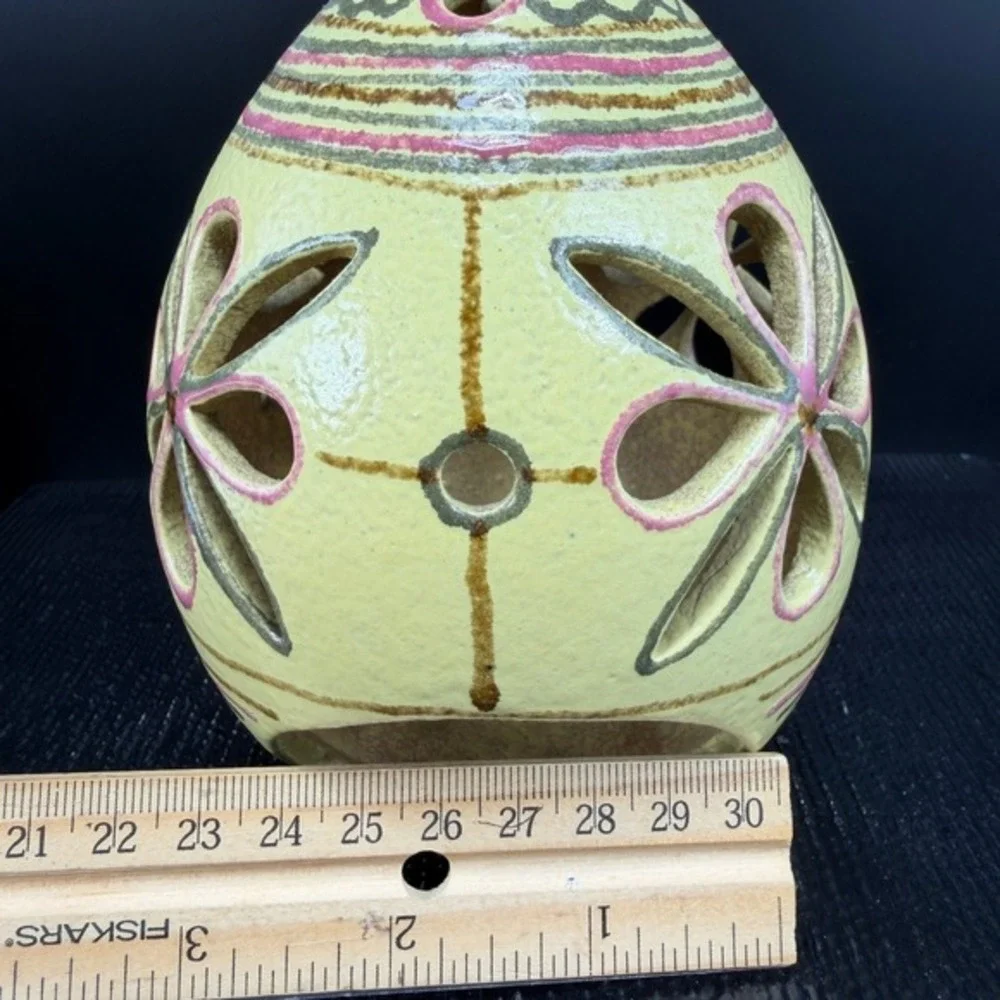 Hand Painted‎ Ceramic Candle Holder Floral Cutout Pottery Luminary Yellow Decor